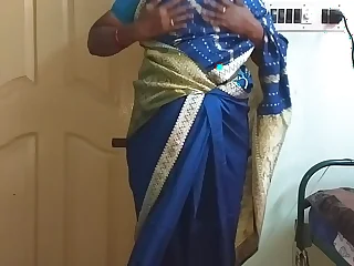 des indian horny first and foremost tamil telugu kannada malayalam hindi wife vanitha wearing blue impulse saree  showing big boobs and shaved pussy shake hard boobs shake nip rubbing pussy masturbation